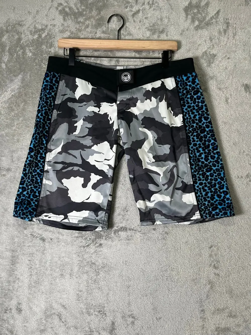 Vintage Y2k Camo Leopard Board Shorts Size 12 Brown Green Patchwork Tomboy Chic